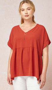 V-Neck Babydoll Top Brick
