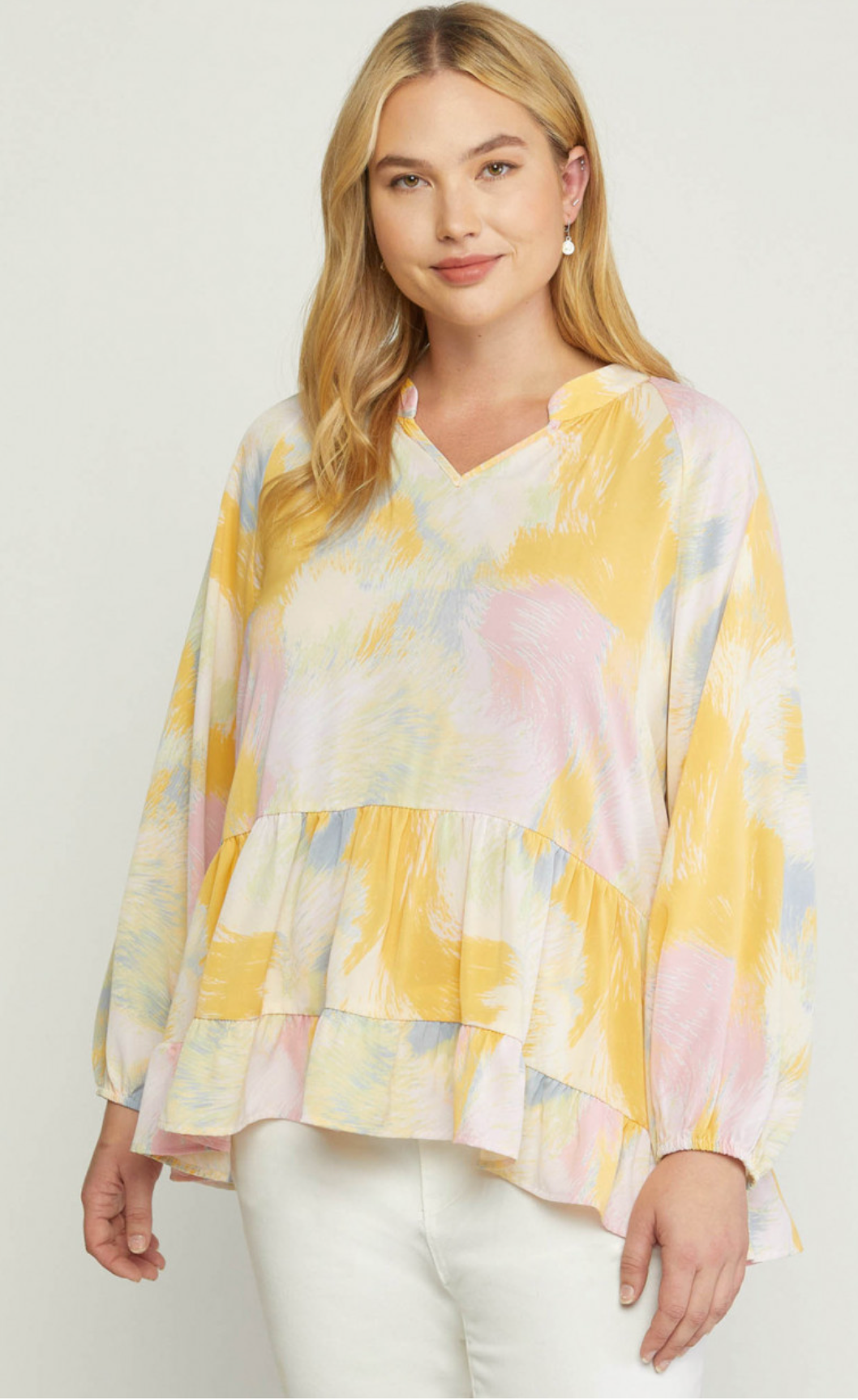 Printed V-Neck Top Pink Blue