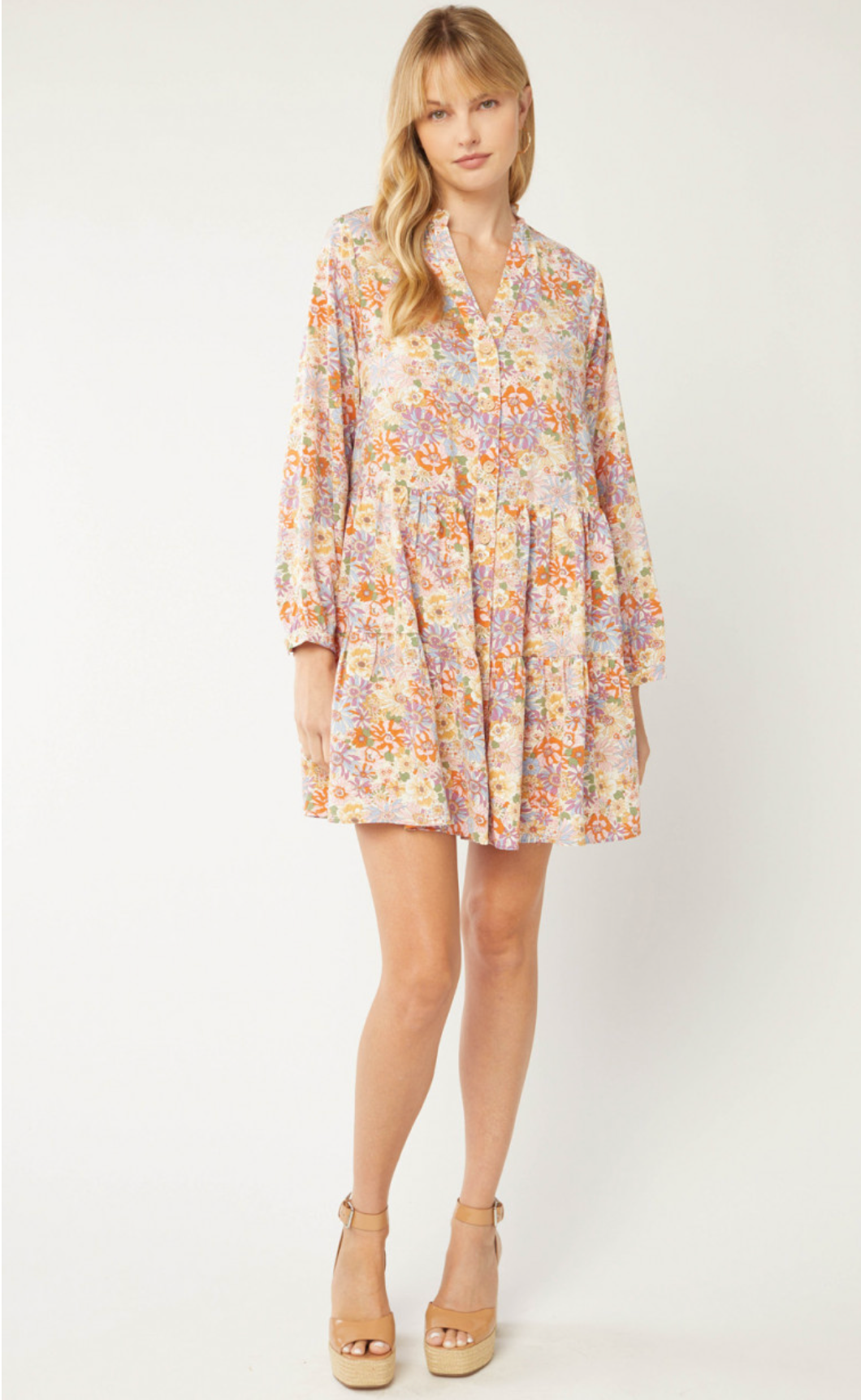 Floral Print Tiered Dress Natural