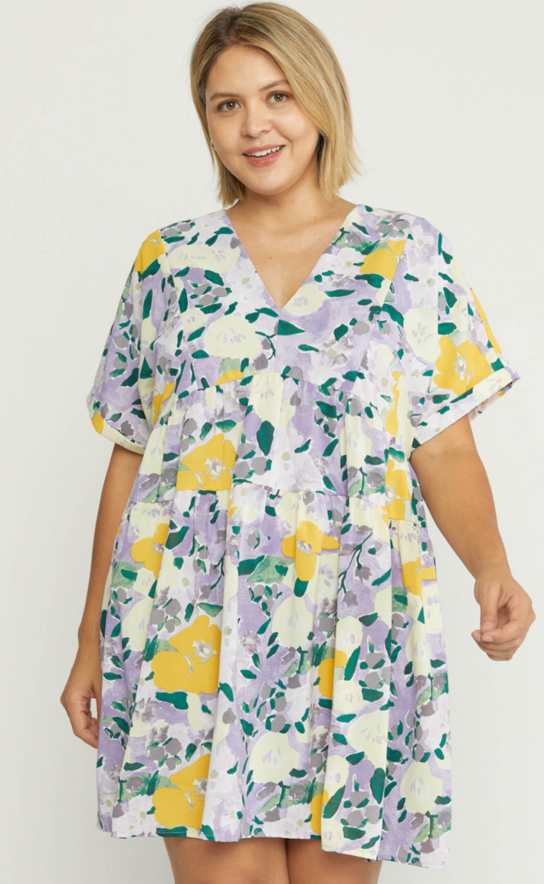 Floral Print V-Neck Tiered Dress Lavender