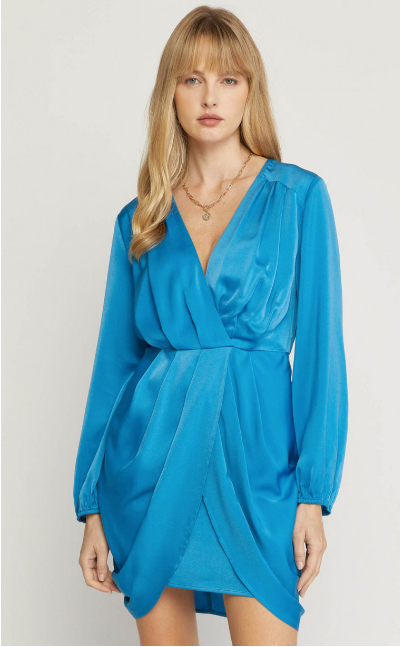 Solid Satin V-Neck Long Sleeve Dress Cobalt