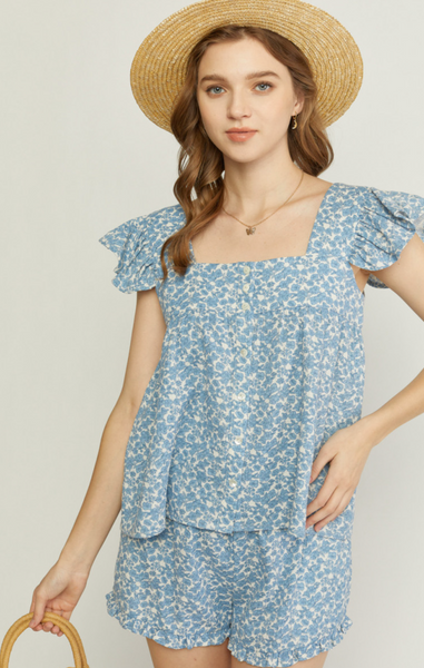 Floral Print Square Neck Top Blue