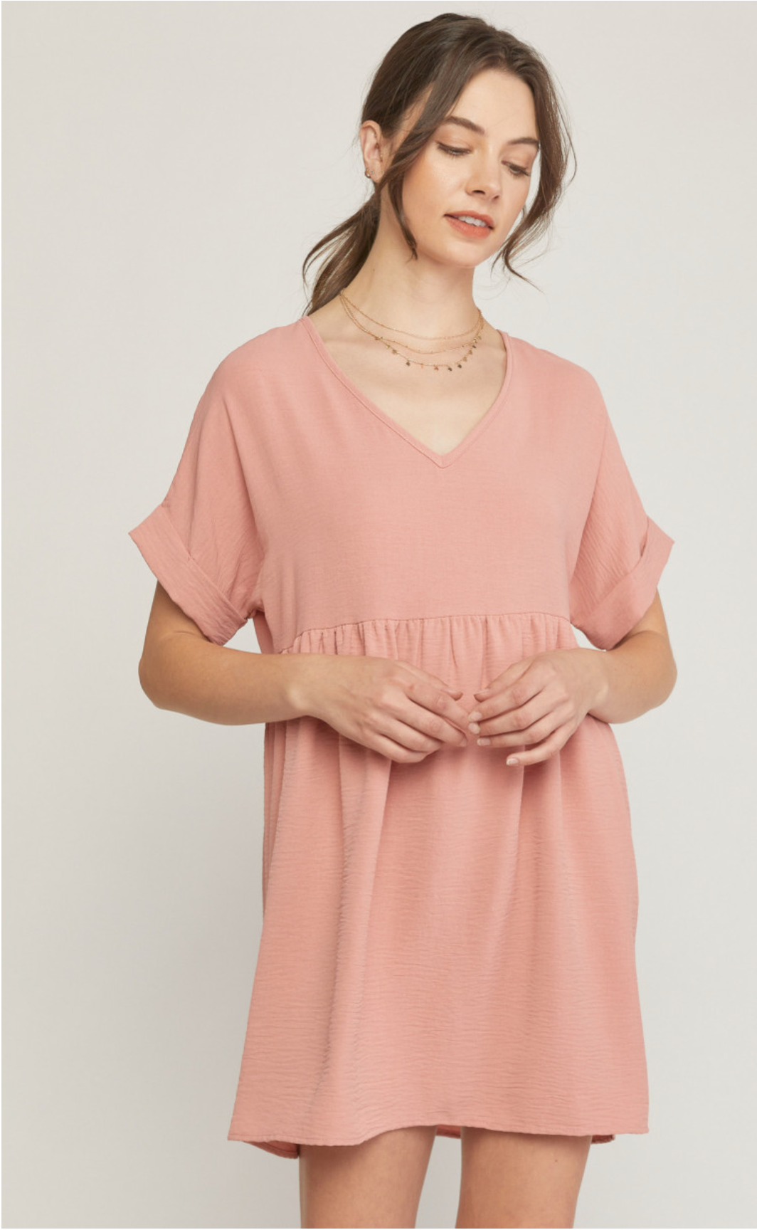 Solid V-Neck Babydoll Dress Salmon