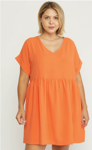 Solid V-Neck Babydoll Dress Plus Orange