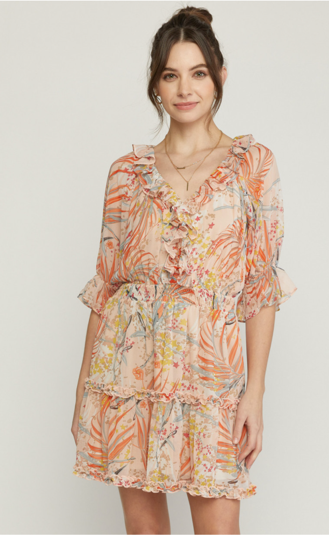 Ruffled V-Neck Floral Dress Pink
