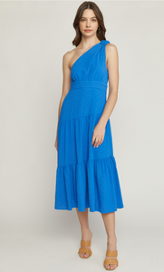 One Shoulder Tiered Midi with Polka Dot Detail Blue