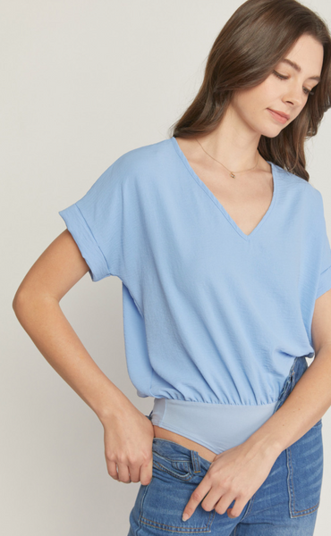 V-Neck Short Sleeve Bodysuit Blue