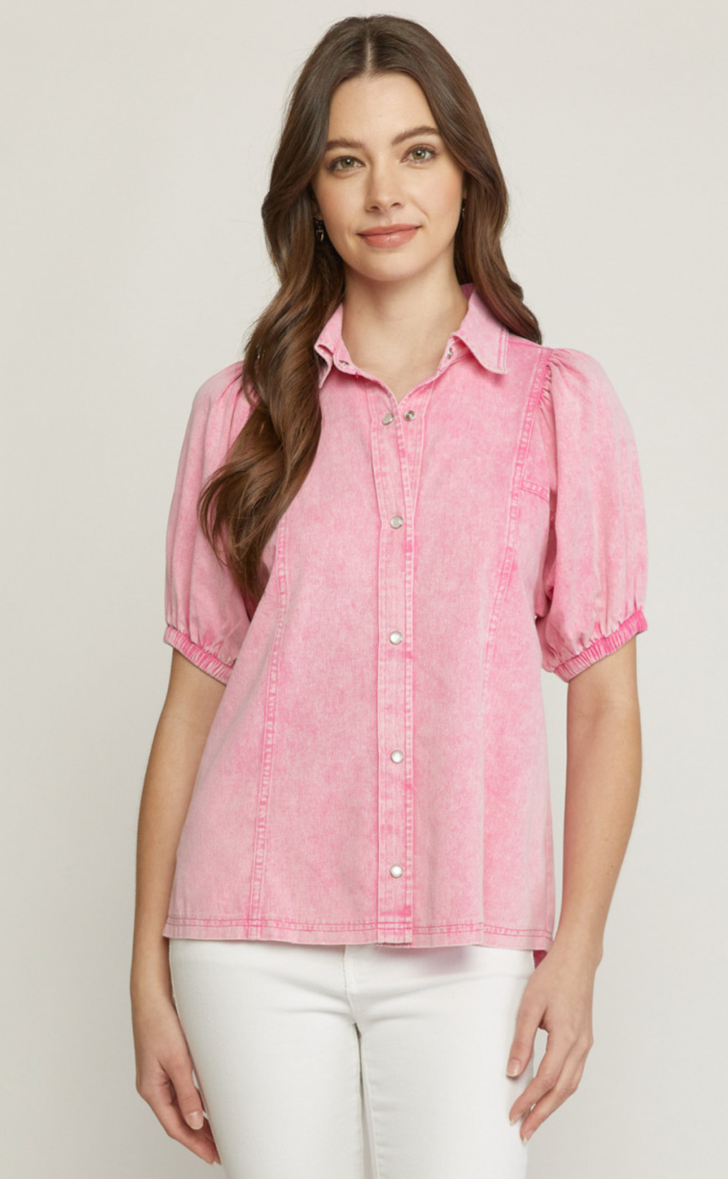 Denim Button Down Puff Sleeve Top Pink