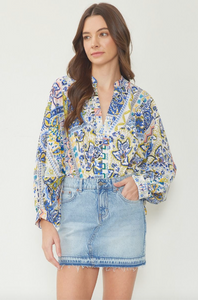 Printed Bodysuit with Draped Back Blue