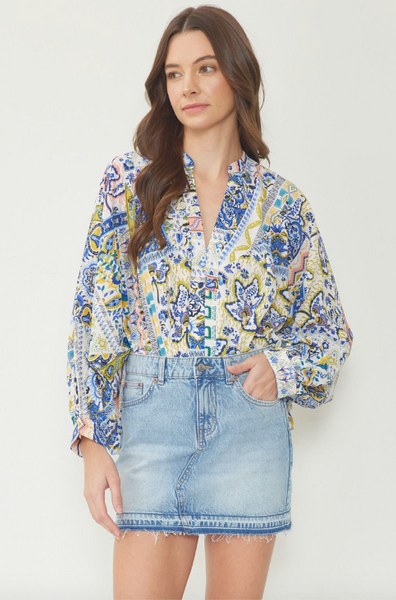 Printed Bodysuit with Draped Back Blue