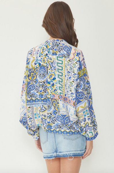 Printed Bodysuit with Draped Back Blue