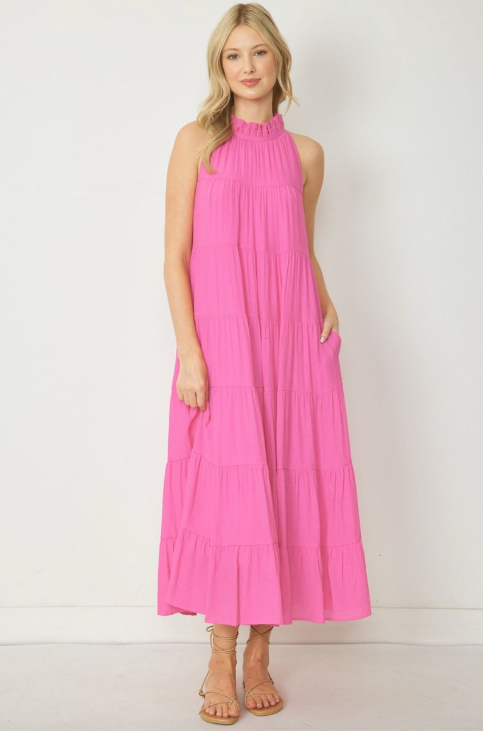 Mock Neck Tiered Maxi Bubble Gum