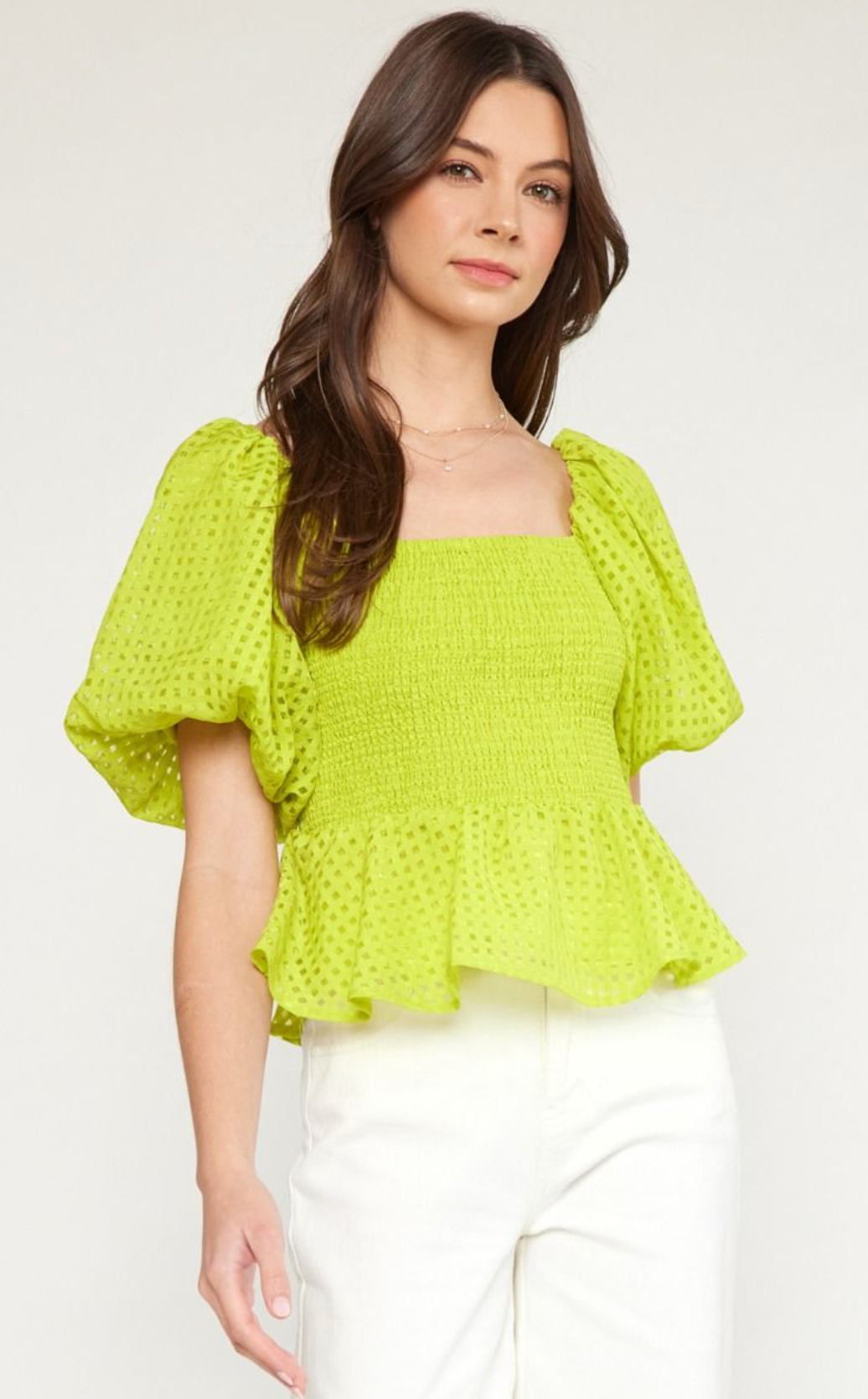 Square Neck Puff Sleeve Peplum Chartreuse