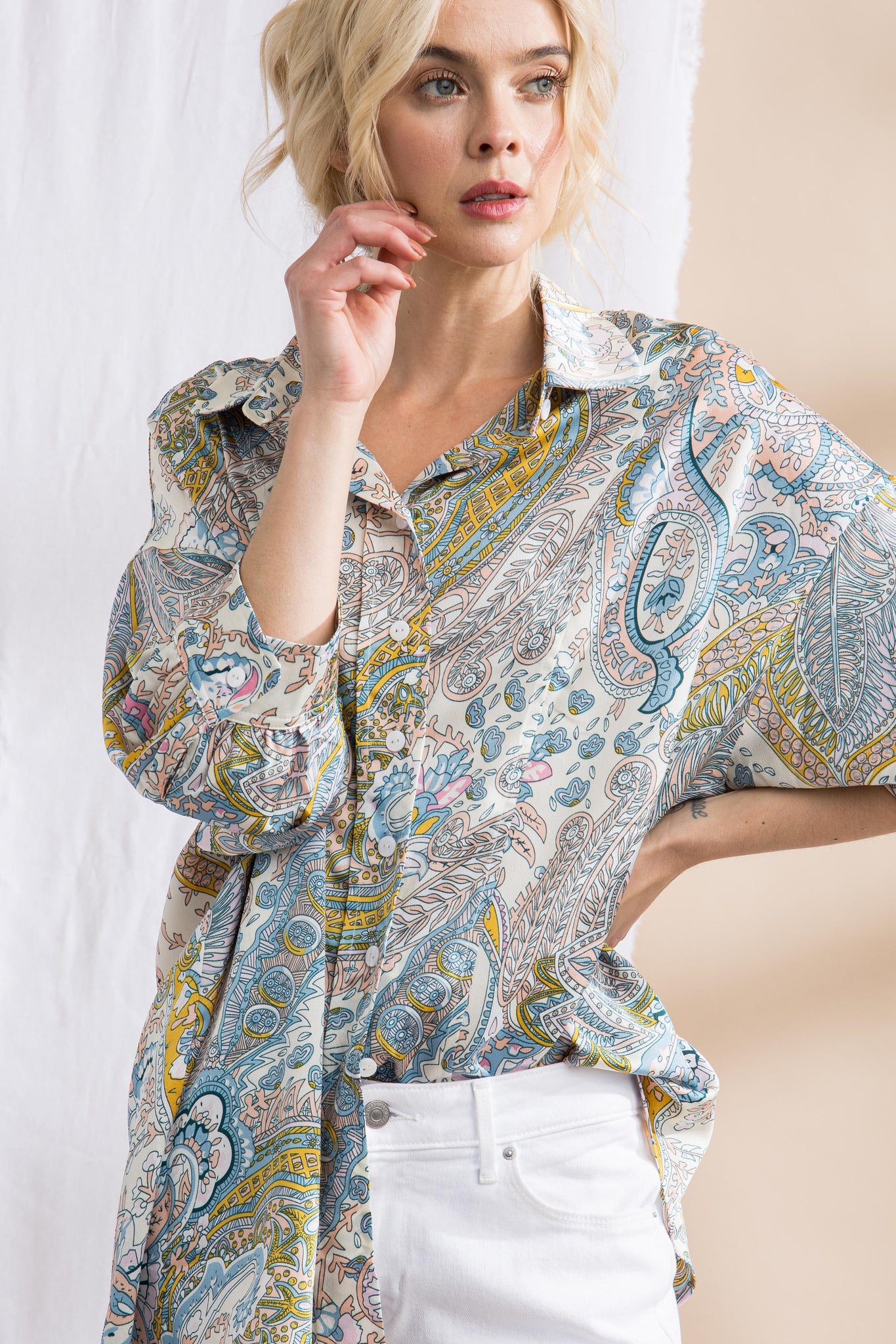 Printed Satin Oversized Button Up Yellow