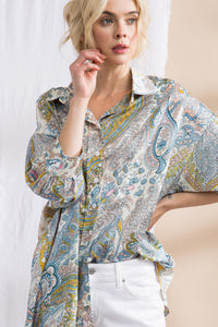 Printed Satin Oversized Button Up Yellow