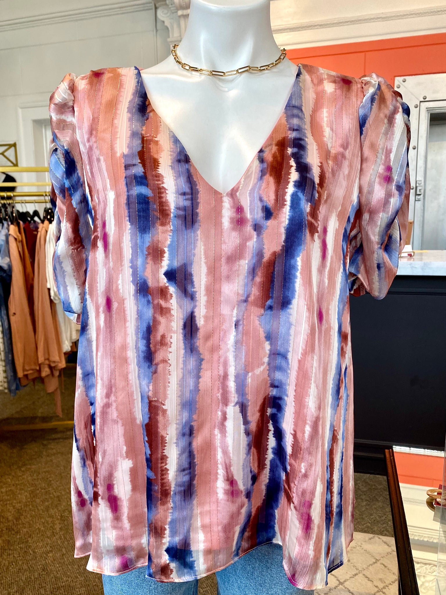 Tye Dye Ruched Sleeve Top Pink/Blue