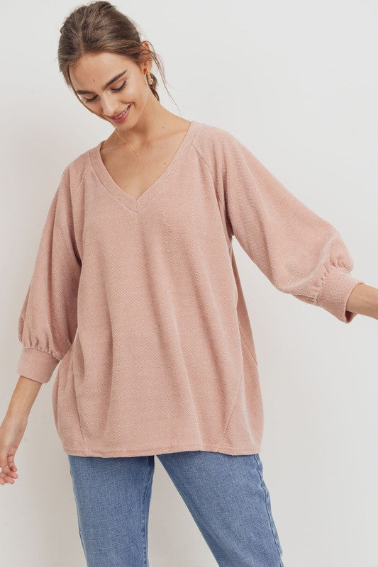 Chenille V Neck Top Blush