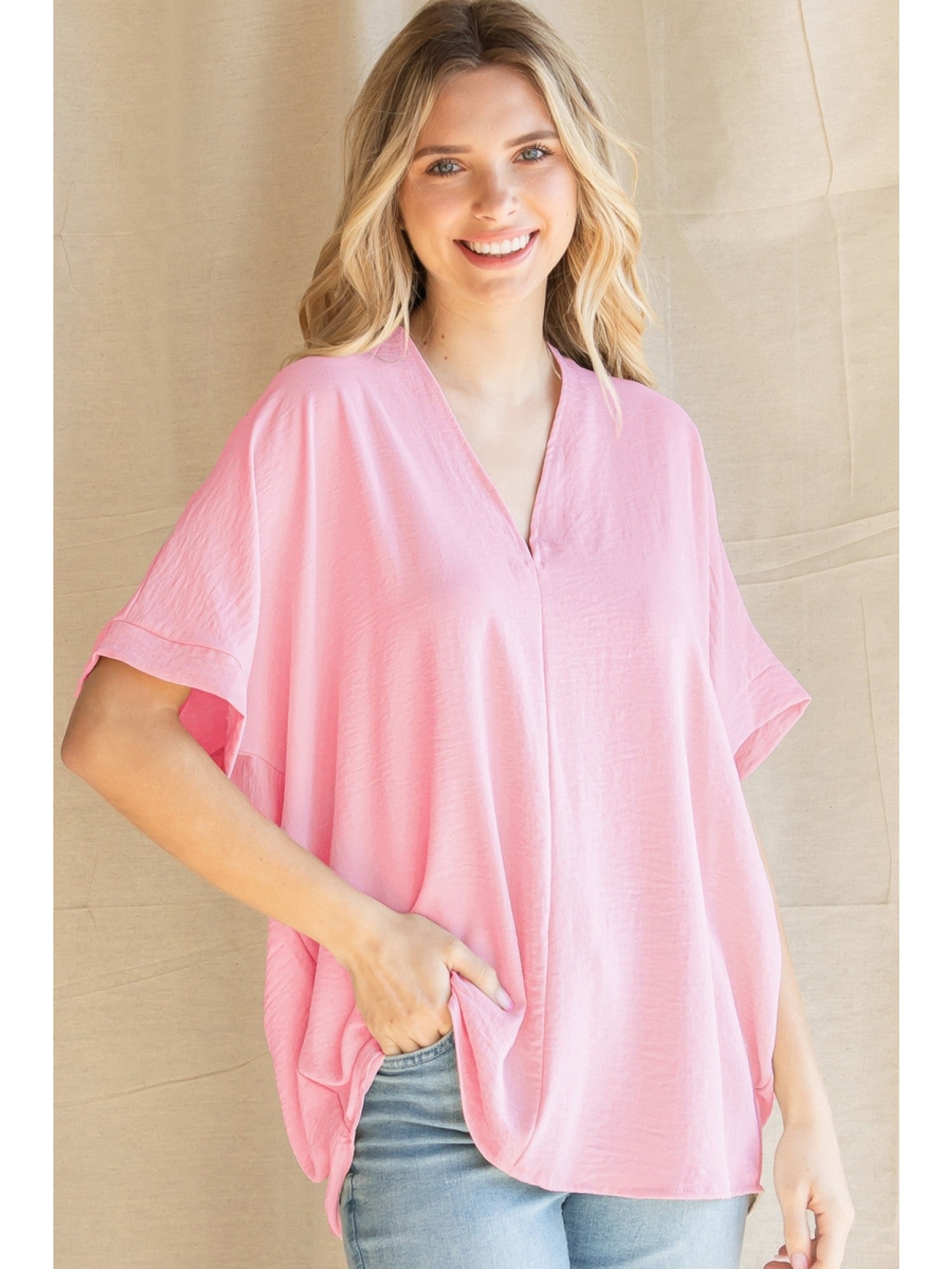 V-Neck Short Sleeve Top Pink