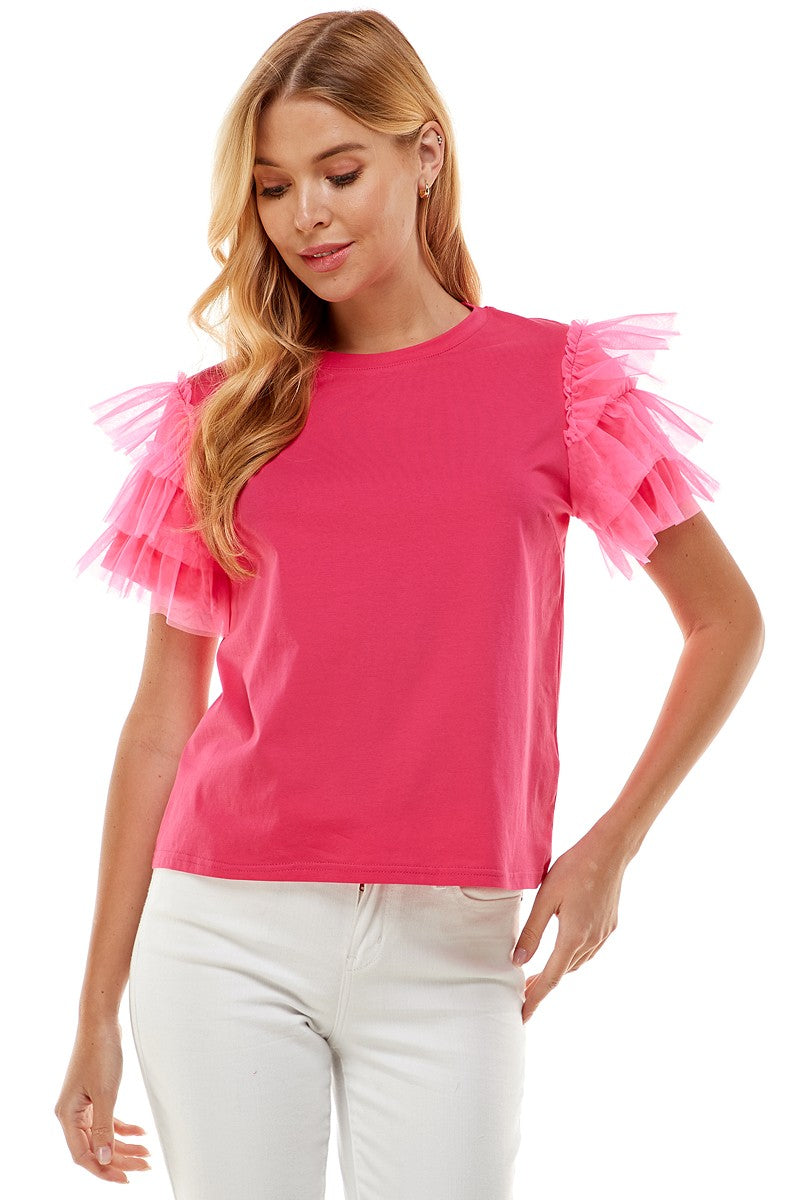 Ruffled Chiffon Sleeve Top Pink