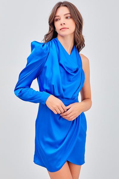 One Shoulder Cowl Neck Dress Blue