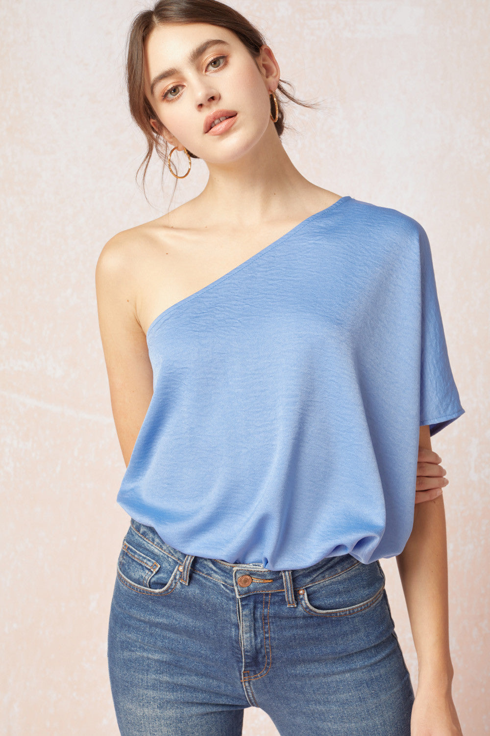 One Shoulder Draped Top Chambray