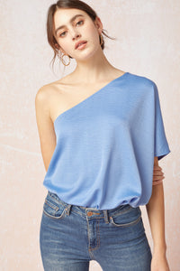 One Shoulder Draped Top Chambray