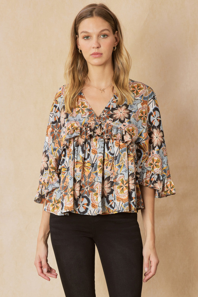 Floral Babydoll Top Camel Blue