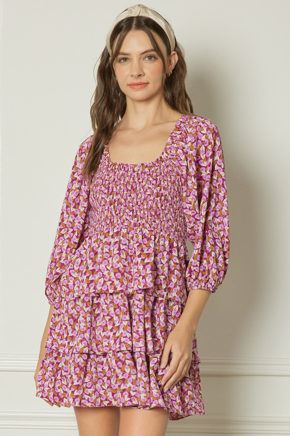 Floral Tiered Dress with Ruching Orchid