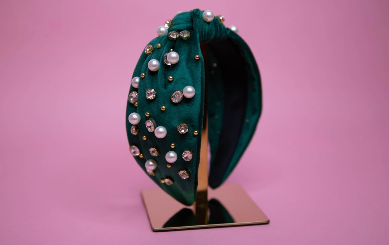 Hunter Green Velvet with Pearls and Crystals Headband