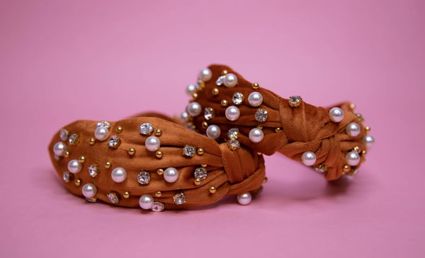 Rust Velvet with Pearls and Crystals Headband