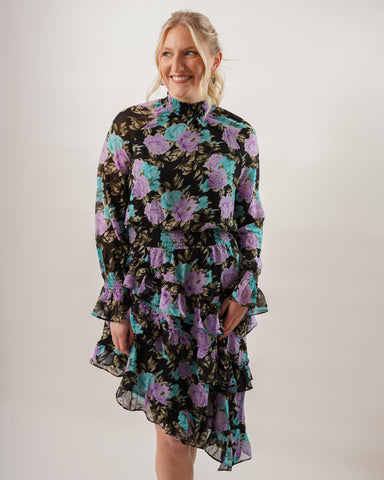 Floral Smocked Mock Neck High Low Dress Black