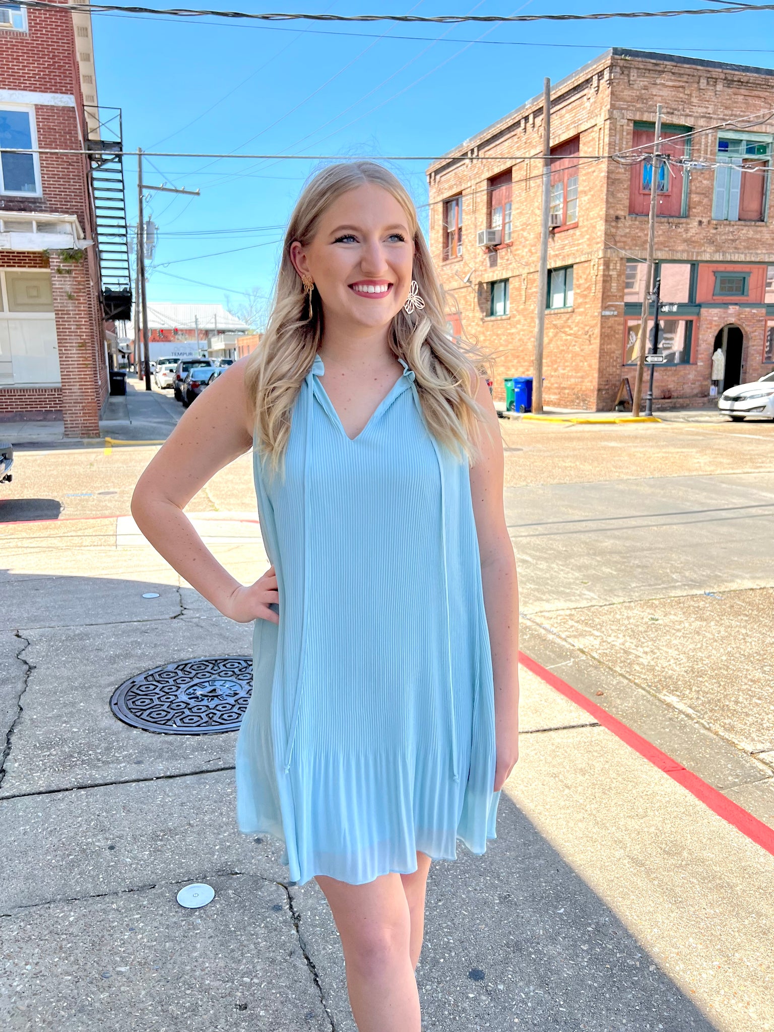 Pleated High Neck Dress Blue Cool