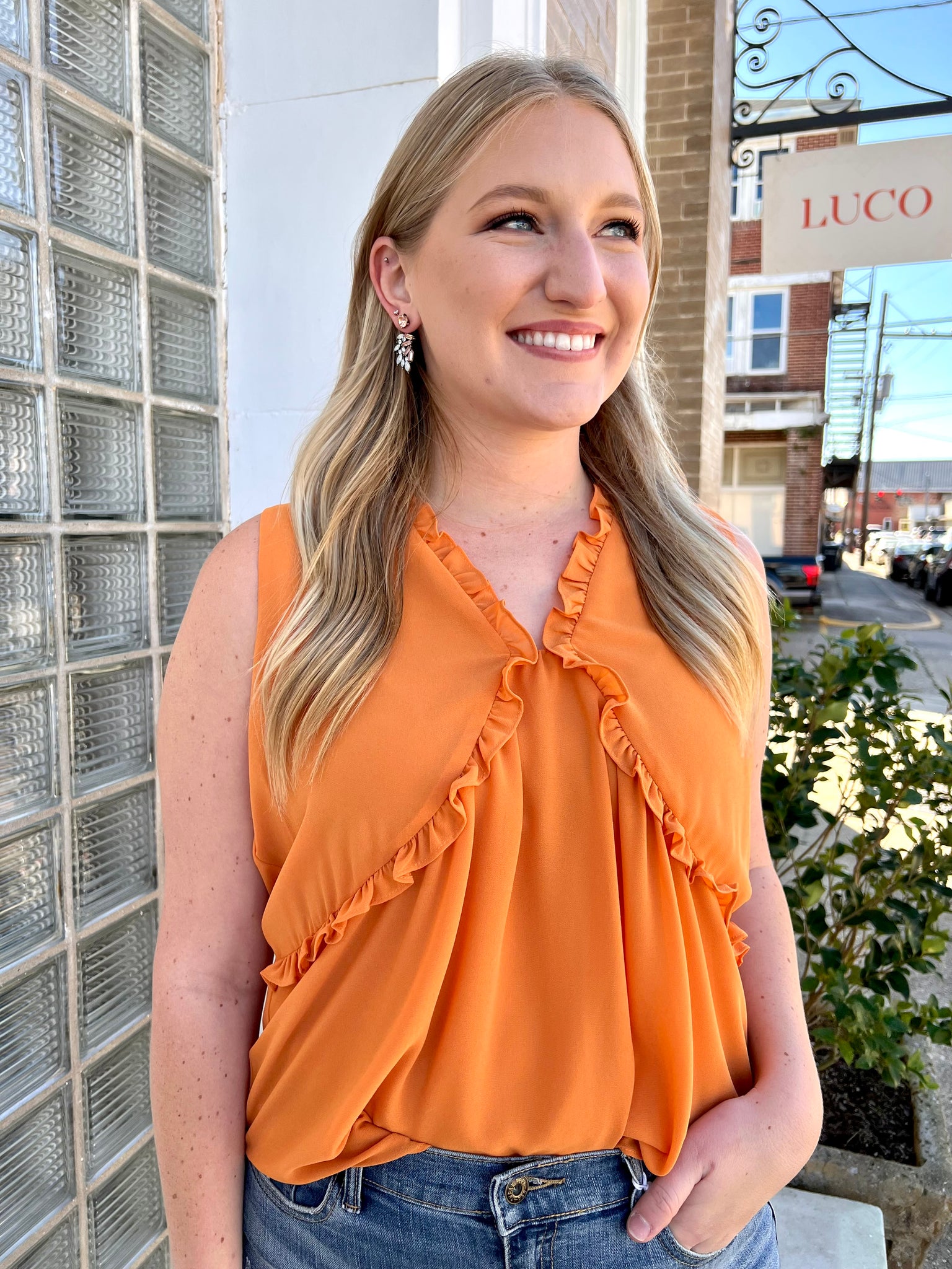 Sleeveless Ruffle Top Dark Salmon