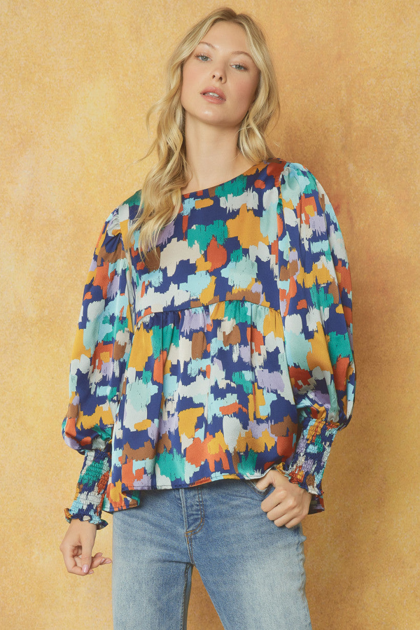 Printed Long Sleeve Peplum Navy