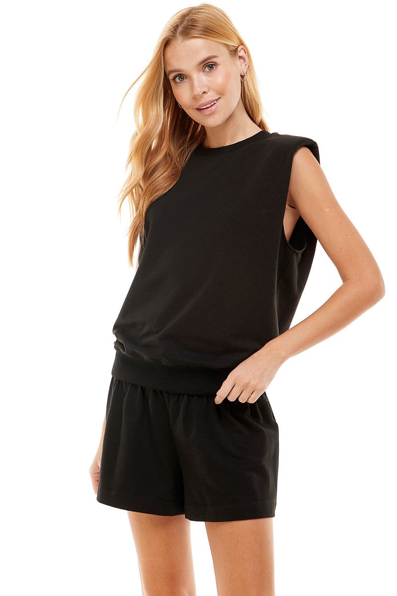 French Terry Shoulder Pad Top Black