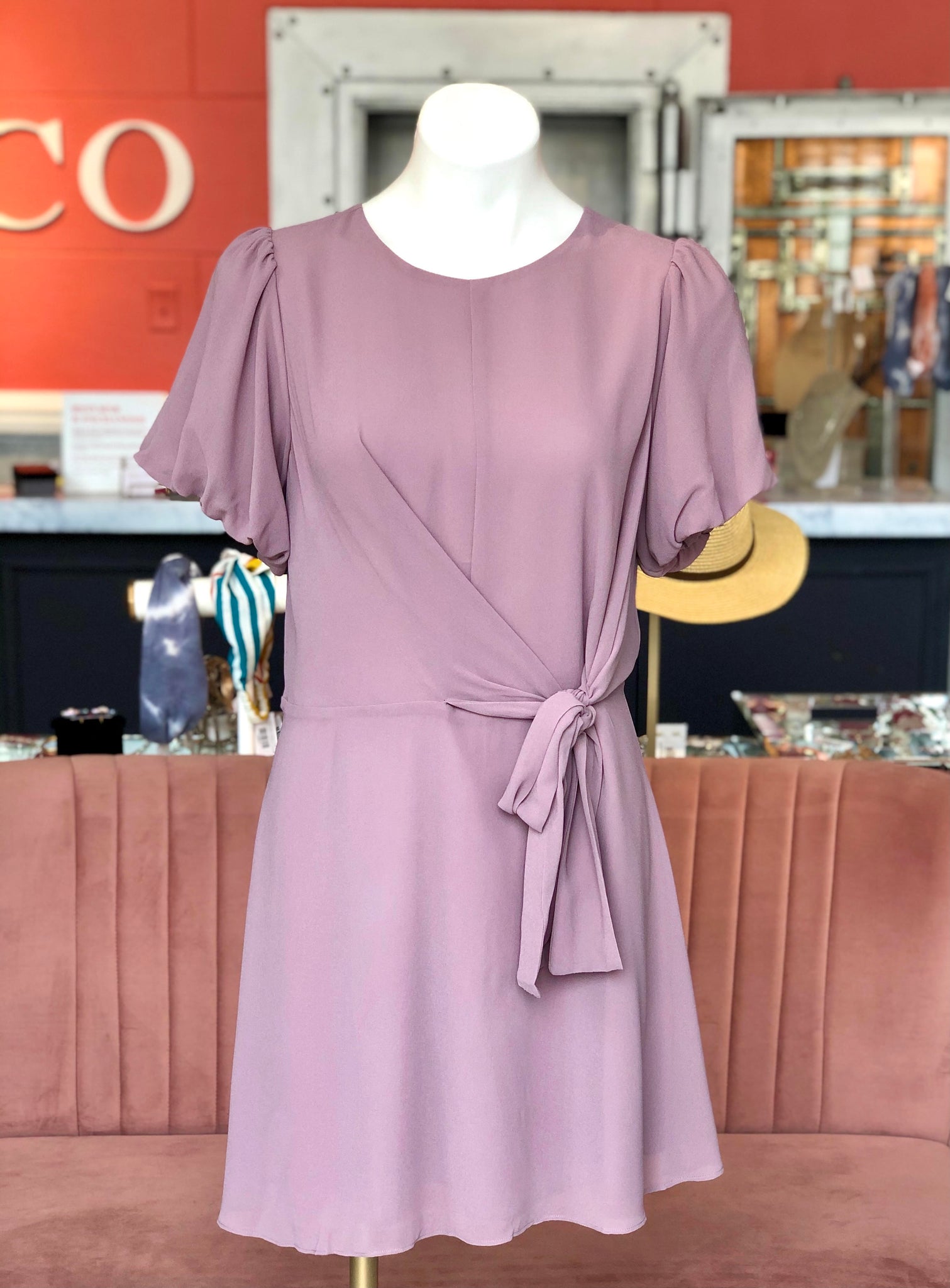 Bubble Sleeve Tied Flare Mini Dress Purple